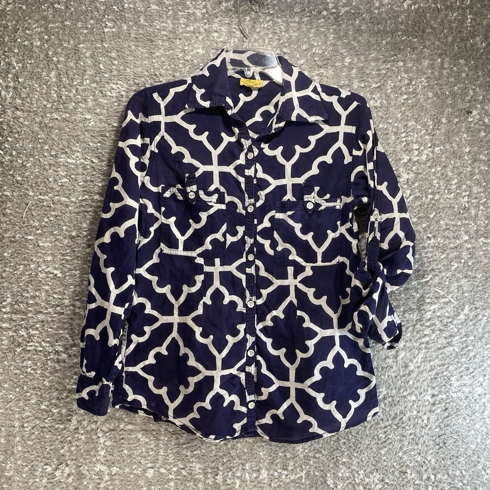Roberta Roller Rabbit Button Up Long Sleeve Blouse Blue White‎ XS Lightweight